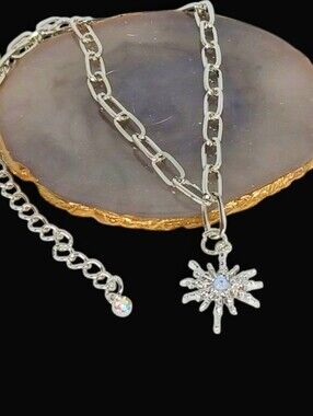 White Gold Paperclip Necklace Starburst Pendant Cosmic Astrology New Age Grunge